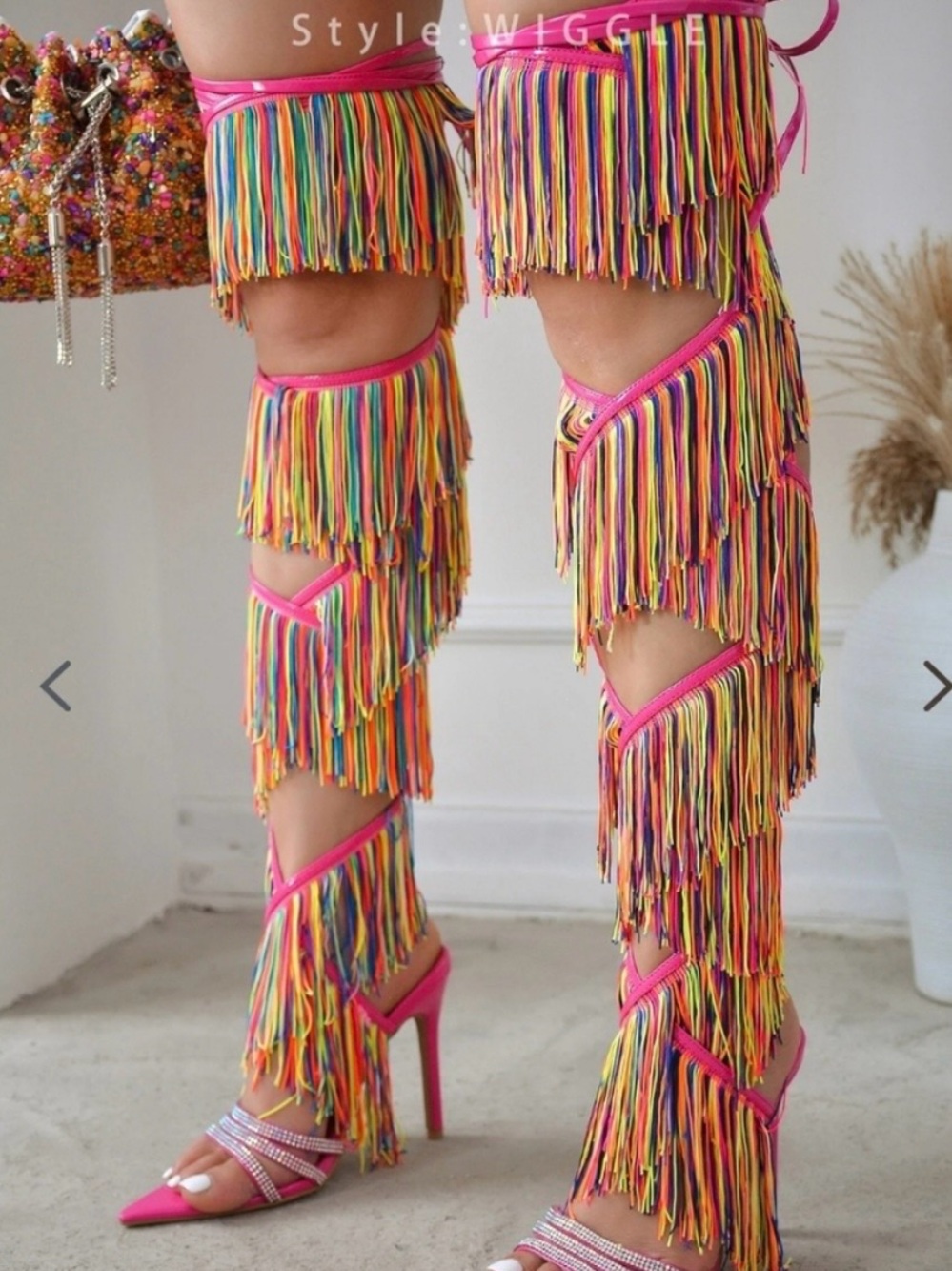 Cape Robbin Rainbow Fringe Thigh-High Heels with Hot Pink Trim